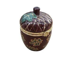 Harry & David Acorn-Shaped Ceramic Trinket Box With Gold Leaf Accents & Hinged